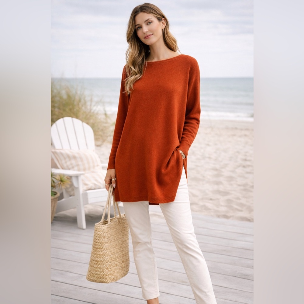 Eileen Fisher 100% Merino Wool Tunic Sweater Rust Orange Size L - Picture 1 of 5